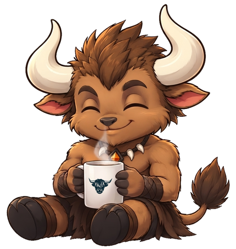 Das OGSE-Maskottchen mit einer Tasse Kaffee